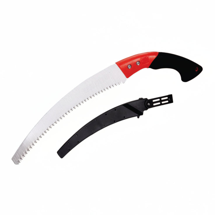 Two pruning saws with red and black handles on a white background