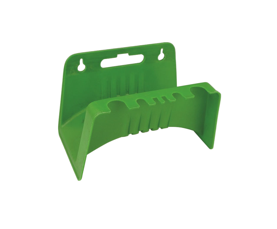 Green plastic hose holder on a white background