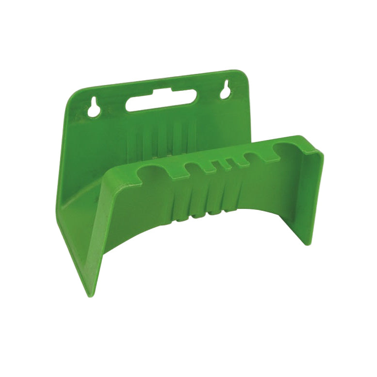 Green plastic hose holder on a white background
