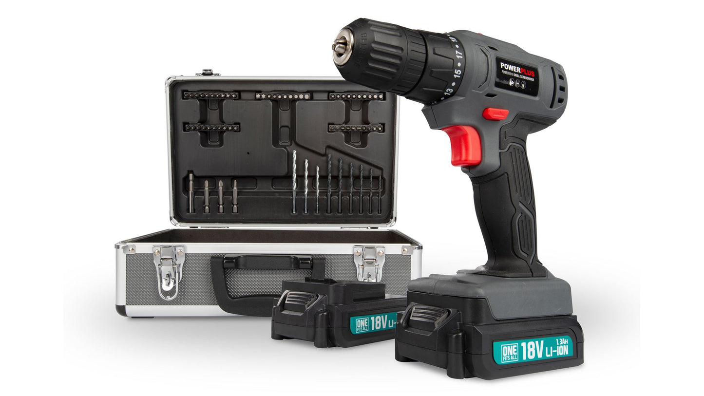 Power Plus - 18V Cordless Compact Screwdriver/Drill + Kit - Grey