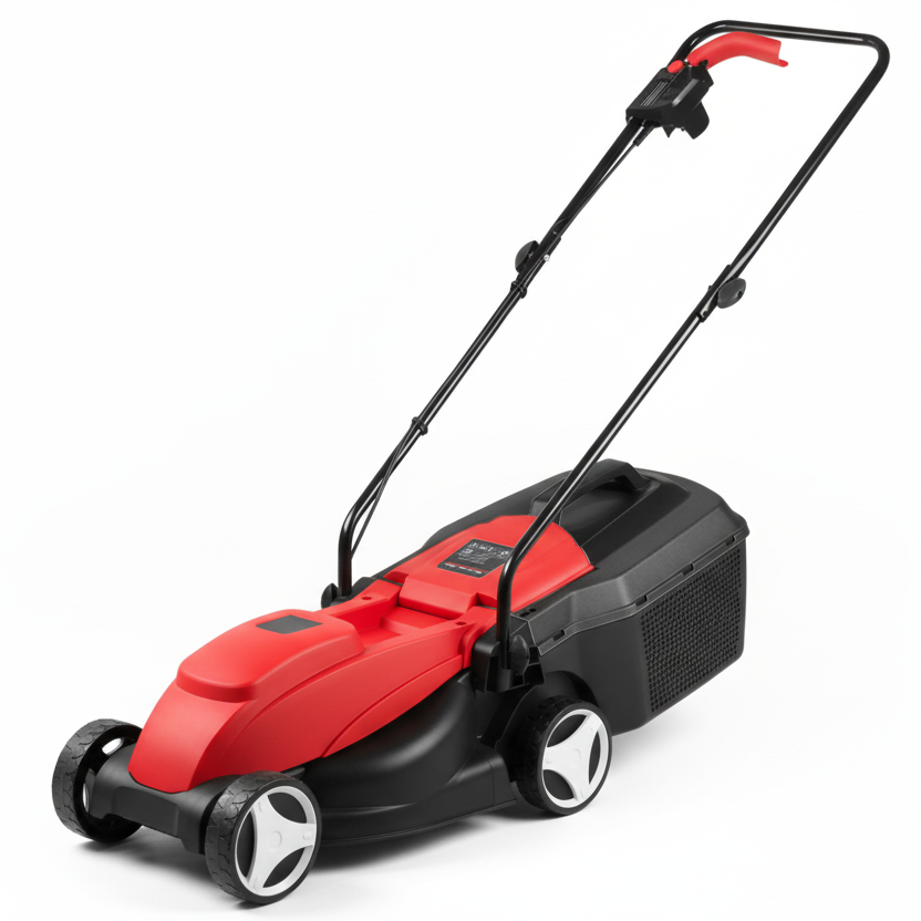 Red and black lawn mower on a white background