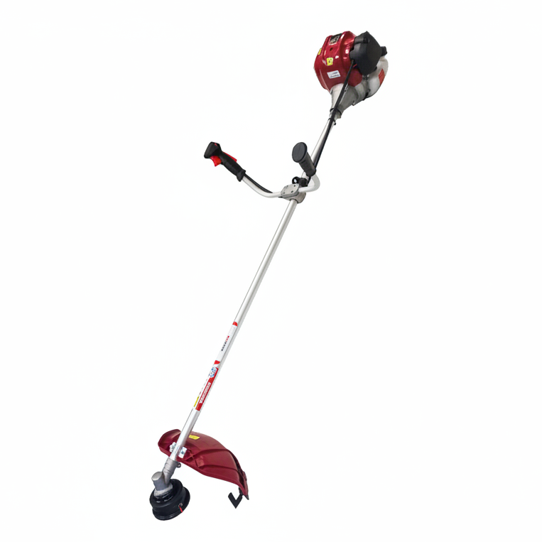 Red and black gasoline-powered trimmer on a white background