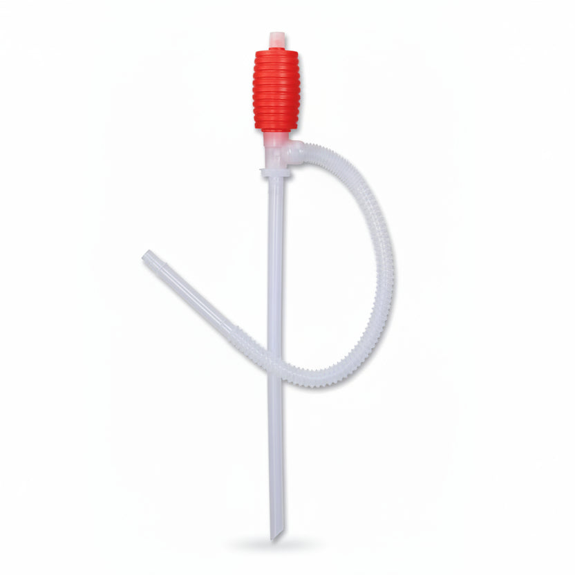 Clear plastic siphon pump with red top on a white background