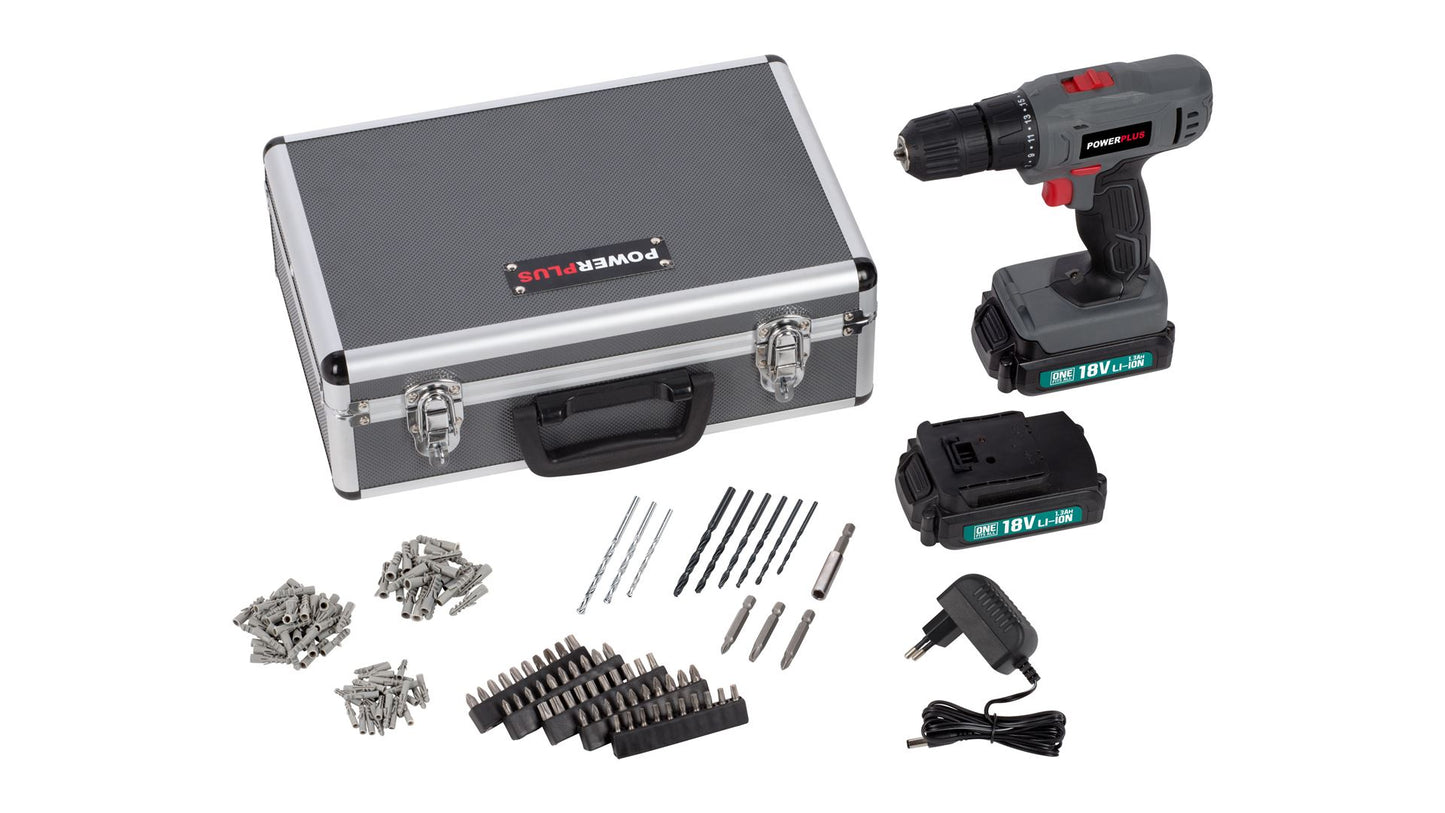 Power Plus - 18V Cordless Compact Screwdriver/Drill + Kit - Grey